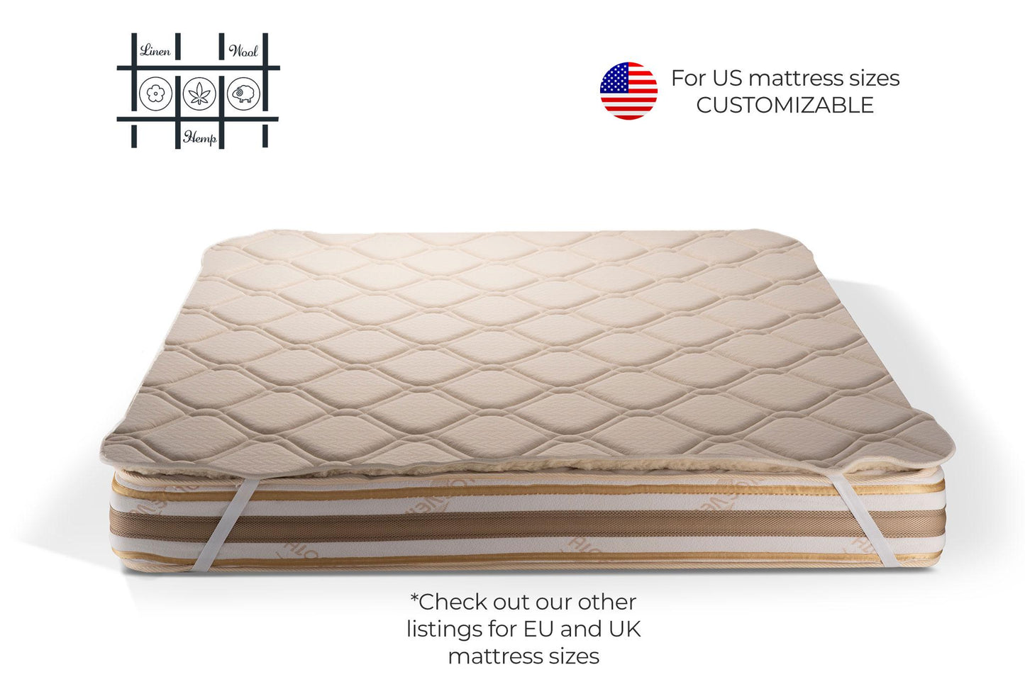 Reversible All Season Wool and Hemp Mattress Topper, US SIZE